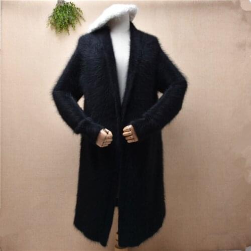 Female women fashion black hairy plush mink cashmere knitted long sweater Fall Winter cardigan mantle angora fur jacket coat top