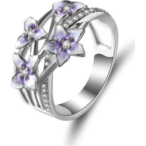 Ladies Zircon Ring Violet Flower luxurious Crystal Ring For Women Fashion Glamour Engagement Ring female Jewelry Accessories