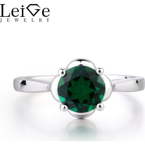 Leige Jewelry Green Color lab Emerald Ring Prong Setting Round Cut May Birthstone Popular Pretty Gifts For Girls 925 Silver