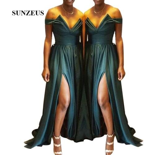 African Women Dark Green Bridesmaid Dresses 2019 Off Shoulder A-line long Chiffon Wedding Party Gowns Side Slit Guest Dress