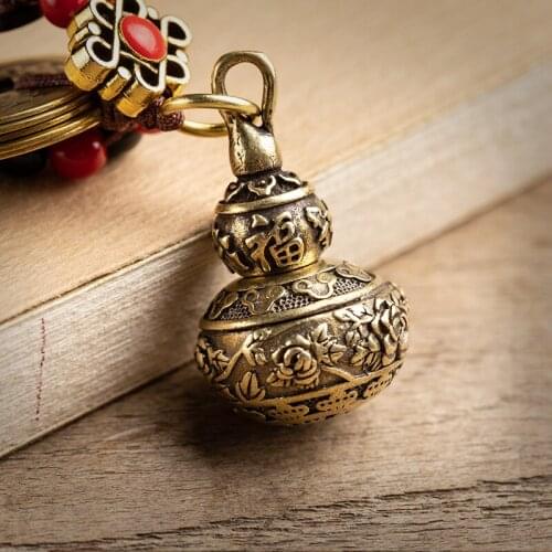 Vintage Brass Good Luck Gourd Keychain Pendant, Handmade Car Lanyard, Ancient Chinese Five Emperor Coin Feng Shui Key Ring