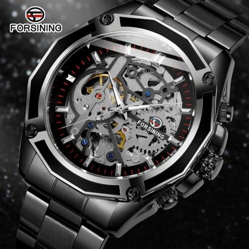 Forsining Fashion Steampunk Mechanical Movement Design Black Bracelet Mens Automatic Watches Top Brand Luxury Skeleton Clock