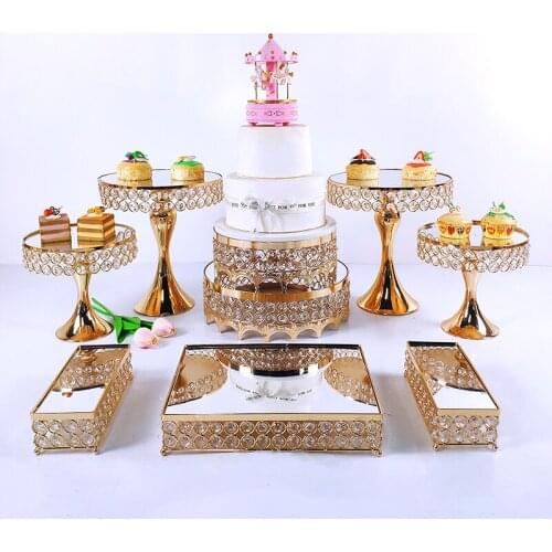 4-9pcs Crystal Metal Cake Stand Set Acrylic Mirror Cupcake Decorations Dessert Pedestal Wedding Party Display Tray