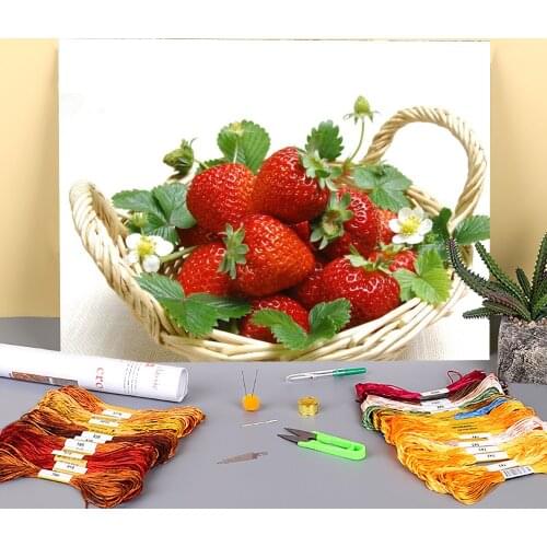 Fruit Strawberry Printed Water-Soluble Canvas 11CT Cross-Stitch Embroidery Set DMC Threads Hobby Handicraft Knitting Magic