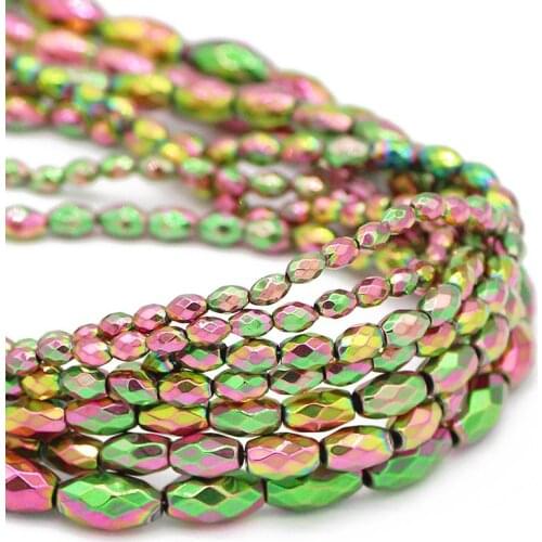 Faceted Rice Grains Shape Natural Stone New Green Hematite Spacer 3/4/5/6MM Oval Loose Beads For Jewelry Making DIY Bracelet