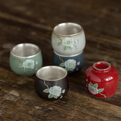 Ceramic Teacup Sterling Silver 999 Genuine Kung Fu Handmade Liner Silvering Teacup Single Cup Home Green Tea Decor Collection