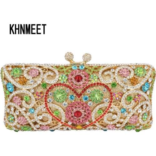 LaiSC heart shape flower clutch bag full crystal dinner bag diamond party clutches women wedding purse luxury evening bags SC123