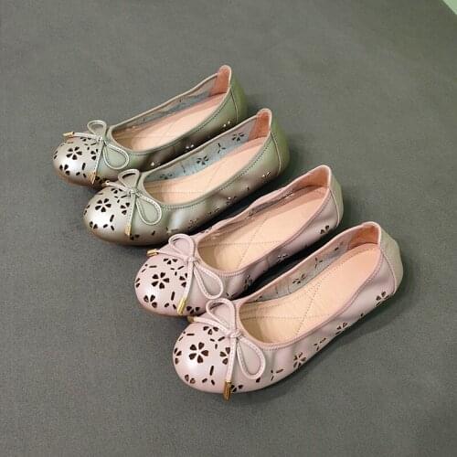 Genuine Leather Flats Hole Shoes Women Shallow Slip-On Loafers Foldable Ballet Flats Driving Shoes Women Sneakers Large Size 43