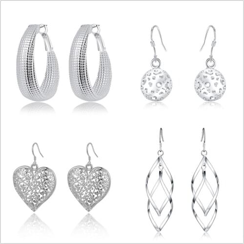 Wholesale 4 pair Earring lot silver color fashion charms earrings stamped , women wedding jewelry Cute E160