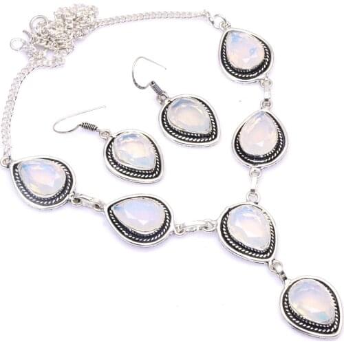 Genuine Opalite Necklace Earing Silver Overlay over Copper , 50 cm, N4559