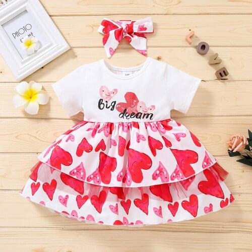 Casual Baby Girls Dress Princess Dresses Heart Print Red Dresses for Girl Kids Clothes + Headband 3M 6M One Year