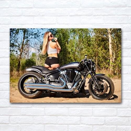 Modern Aesthetic Wall Art 1 Piece Canvas Painting Sexy Blonde Model with Motorcycles Poster Prints Picture Room Decor