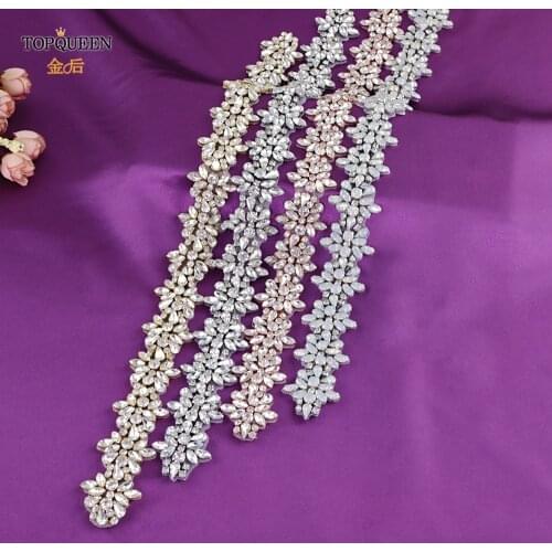 TOPQUEEN (1pc) Bridal Wedding Silver Rhinestone Applique Belt Rose Gold Crystal Beaded Applique Iron on for Wedding Dresses S269