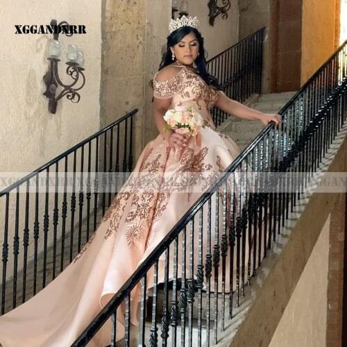 Gorgeous Ball Gown Quinceanera Dress 2022 Satin Appliques Sequined Long Champagne Sleeveless Sweet Birthday Party Chapel Train