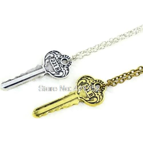12pcs/lot Sherlock 221B Baker Street Faux Vintage Key Necklace