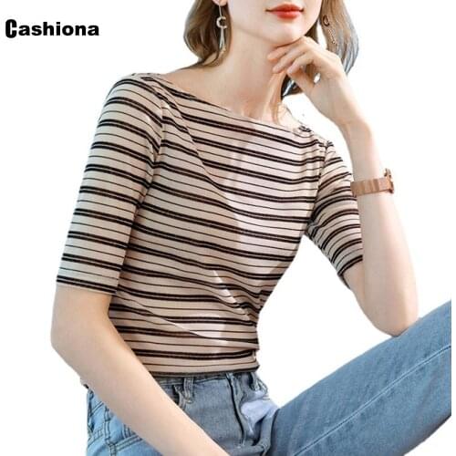 Plus Size Ladies Elegant Leisure T-shirt Niche French Stripe Top Women Casual Pullovers Half Sleeve Shirt Femme Clothing 2021