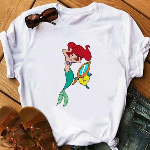 Funny Cartoon Women T Shirt New Summer Fashion Harajuku Cartoon Top Tshirt The Little Mermaid Ariel Flounder Print White T-shirt