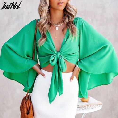 Women Spring Summer Sexy Deep V Neck Flare Sleeve Chiffon Blouse Elegant Lace Up Party Club Shirts Female Streetwear