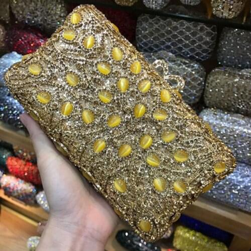 Gold silver Clear Crystal Diamond Women Evening Bag Metal Clutches Bag Wedding Party Bridal Clutch Purse Chain Shoulder Handbags
