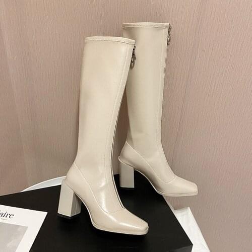 Fashion Stretch Long Shoes Woman Back Zipper Thick Heels Knee High Boots 2021 Winter Newest Party Basic Genuine Leather Boots