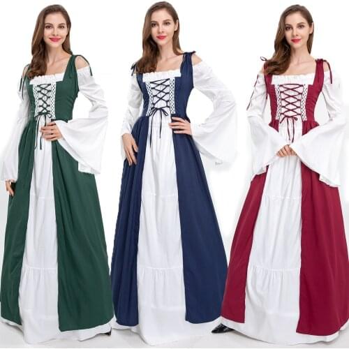 Halloween Women European Medieval Retro Court Princress Cosplay Costume Long Dress Elegant Witch Square Collar Masquerade Wear