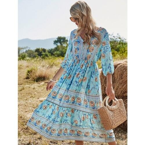 2021 Spring Bohemia Floral Dress Female Casual V-Neck High Waist Half Sleeve Dress For Women Fashion Printing Summer Sundress