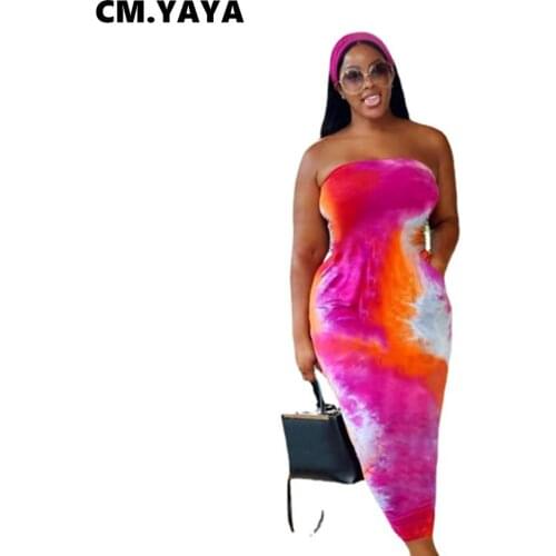 CM.YAYA Women Long Dress Tie Dye Print Sleeveless Strapless Strechy Bodycon Pencil Dresses Sexy Night Clubwear Summer Outfits