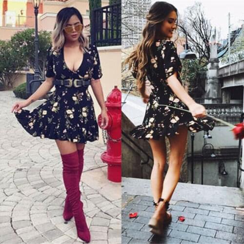 2020 Womens V-Neck Boho Floral Chiffon Summer Wrap Bandge Party Evening Beach Short Mini Dresses Sundress