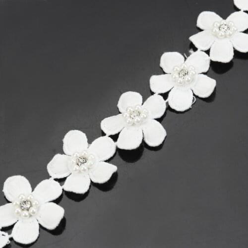 1PC Polyester Elastane Lace Trim White Flower Imitation Pearl Rhinestone Beaded Ribbon Fabric Supply 35mm(1 3/8") About 0.9m