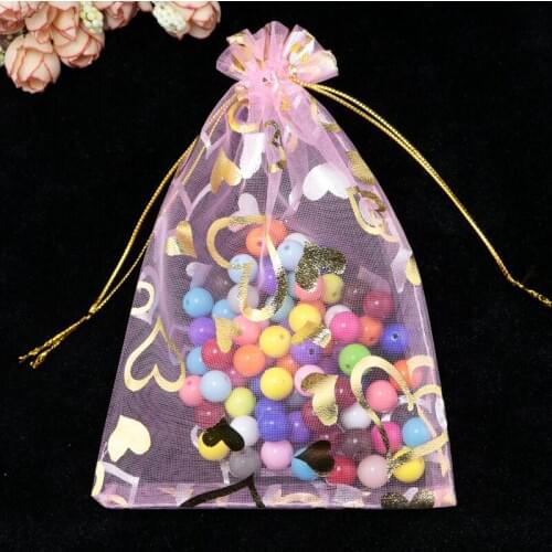 100pcs/lot 20*30cm Pink Organza Bag Hearts Design Cosmetics Jewelry Packaging Bag Wedding Drawstring Gift Bags Bolsas De Organza