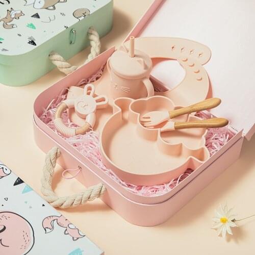 6Pc/1Set Food Grade Silicone Baby Feeding Dinner Bowl Plate Set Non-Slip Tableware Exquisite Gift Box Feeding Sets For Baby Gift