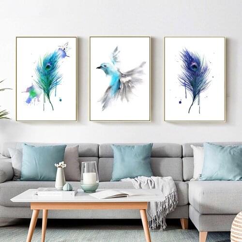 Watercolor Feather Abstract Bird Canvas Painting Blue And Purple Posters And Prints Wall Art Picture For Living Room Home Decor
