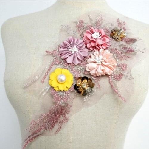 1 Pcs Mauve Yellow Pink Mix colors Applique Large Pearl Beaded 3D Flower Motif embroidery leave patch For Weddings Lyrical Dance