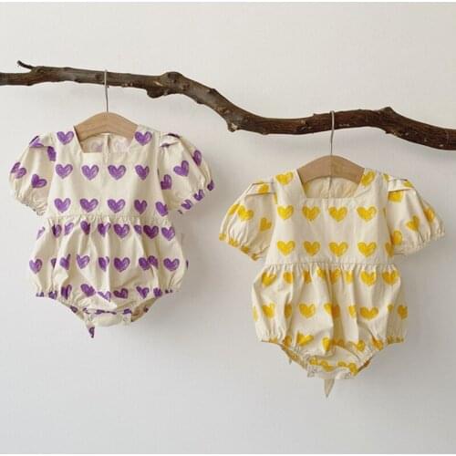Baby Girls Clothes Full Of Heart Korean Infant Short Sleeve Girls Bodysuits Square Collar Toddler Girls Outfit