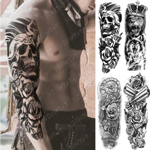 Large Arm Sleeve Tattoo Clocks Rose Gun Lion Waterproof Temporary Tatto Sticker Flower Time Body Art Full Fake Tatoo Women Men