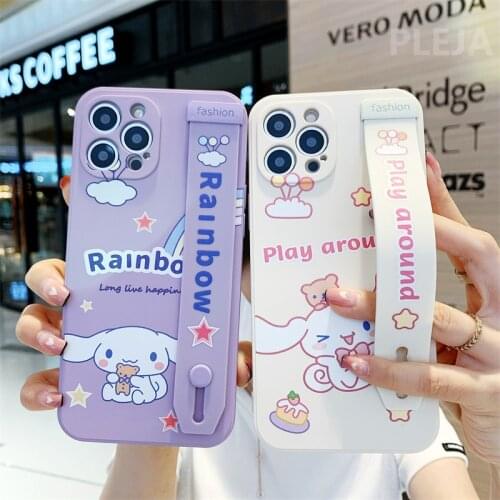 Cute Cartoon Dog Wrist Strap Stand Phone Case For iphone 12 11 Pro Max SE 2020 X XR XS Max Soft Cover Cartoon Side Frame Cases