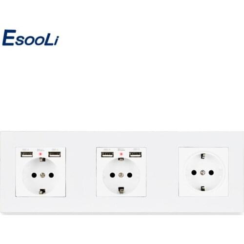 Esooli Wall 16A EU Standard Multi Way Power Socket Plug Grounded Electrical Socket with usb PC Plastic outlet strip Socket