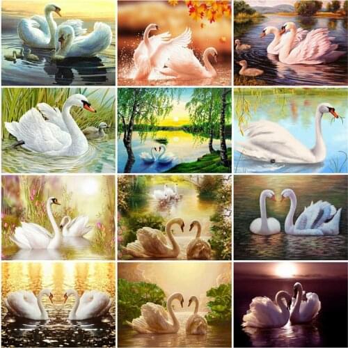 HUACAN 5D DIY Picture By Numbers Swan Animal Wall Art Unique Gift HandPainted Paint By Number Tree For Living Room