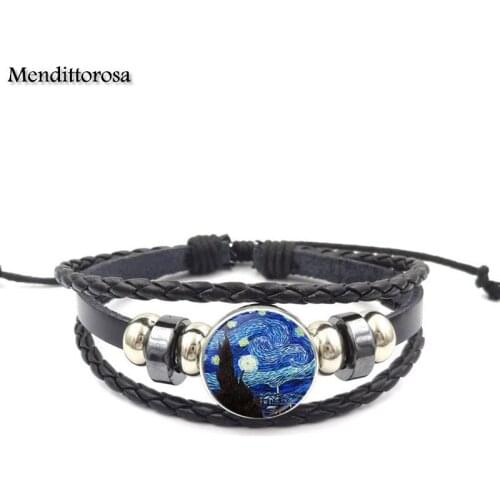 Mendittorosa Fashion Multi Designs Glass Cabochon Black Leather Bracelet Bangle Jewelry Gifts Van Gogh Starry Night