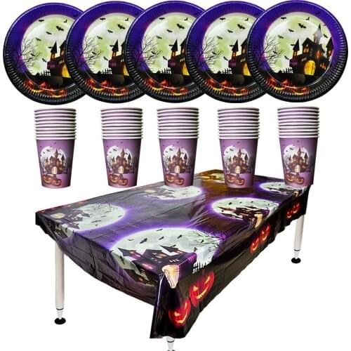 For 50 guests Halloween Castle Party Supplies Tableware Sets Black Disposable Paper Plates Cups Tablecloths Table cover