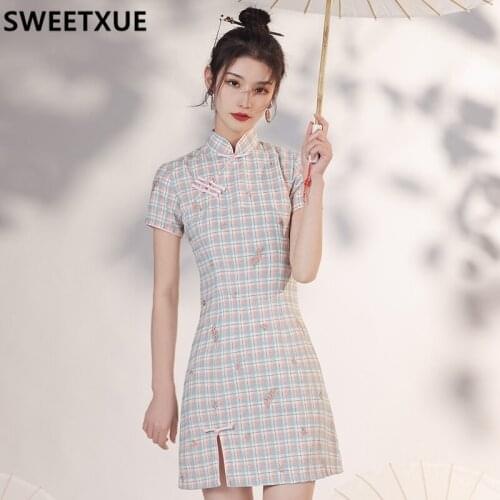 SWEETXUE 2021 New Summer Young Girl Improved Modern Dress Plaid Embroidery Fashion Cute Kawaii Dresses Vestido Mujer