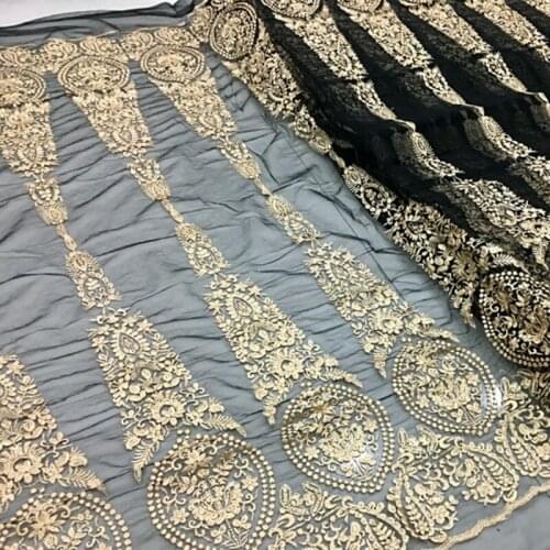New product mesh lace gold embroidered fabric, high-end customized apparel fabric, encrypted embroidery skirt fabric