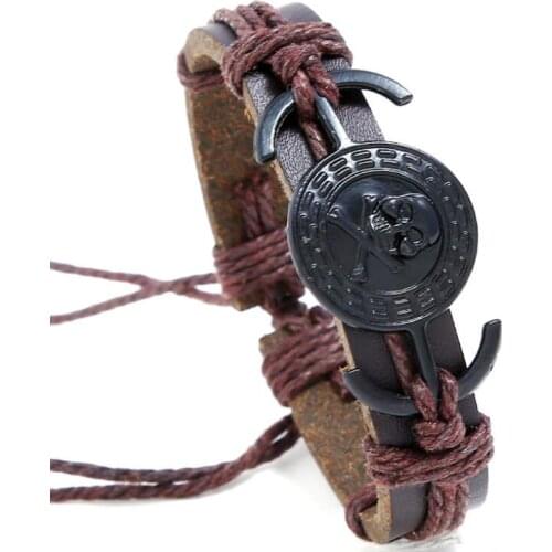 Punk Vintage Skull Charm Bracelet Fashion Casual Black Skeleton Leather Rope Women Bangle Wristbands Retro Handmade Men Jewelry