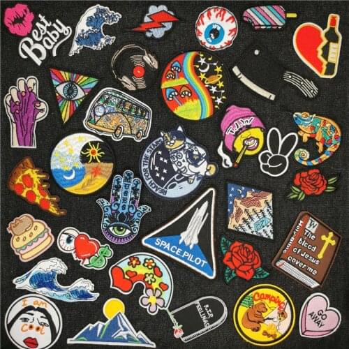 Landscape Space Weird Eyes Embroidered Patches For Clothes Camping Lightning Badges Appliques Ironing Stickers Clothing Stripes