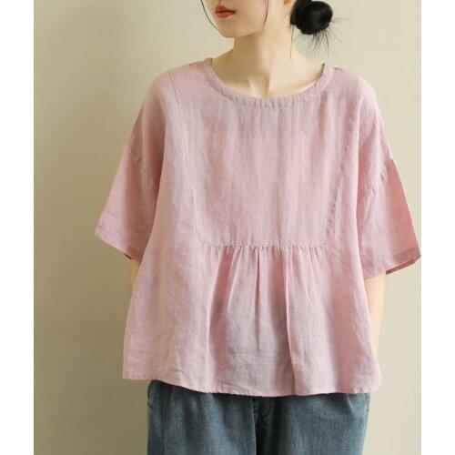 Casual Cotton Linen O-Neck Tee Shirt Femme Tops Summer New Arts Style Women Short Sleeve Loose T-Shirt All-Matched