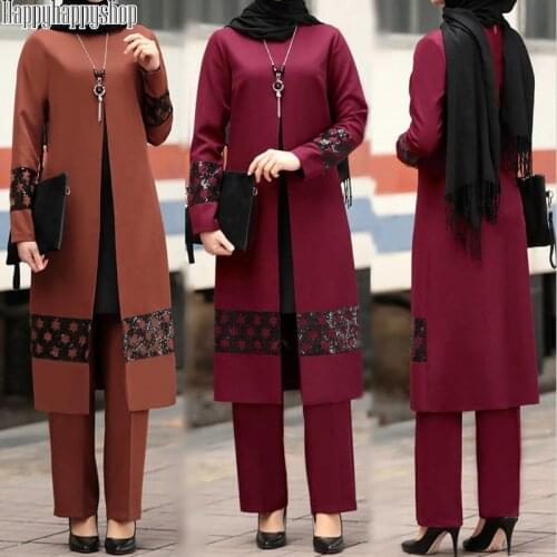 Ramadan Eid Mubarak Kaftan Dubai Abaya Turkish Casual Sets Muslim Dress Islamic Clothing for Women Ethnic Shirts Dress+Trousers