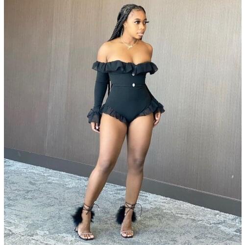 Sexy Solid Ruffle Slash Neck Bodysuits Women Flare Long Sleeve Top Shorts Swimsuit New Mesh Patchwork Outfits For Women 2021