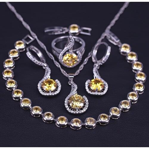 Silver color sparking yellow round jewelry set for women earrings necklace ring bracelet with pendant anniversary gift