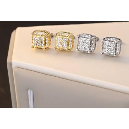 White Zircon Square Stud Earrings For Men Hip Hop Jewelry Vintage Fashion Full Stone Yellow Gold/Silver Color Earrings Male Gift