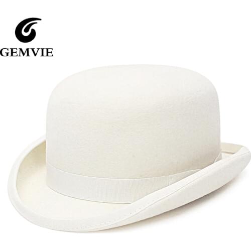 GEMVIE 100% Wool Felt White Derby Bowler Round Hat For Men/Women Satin Lined Fashion Party Formal Fedora Costume Magician Cap